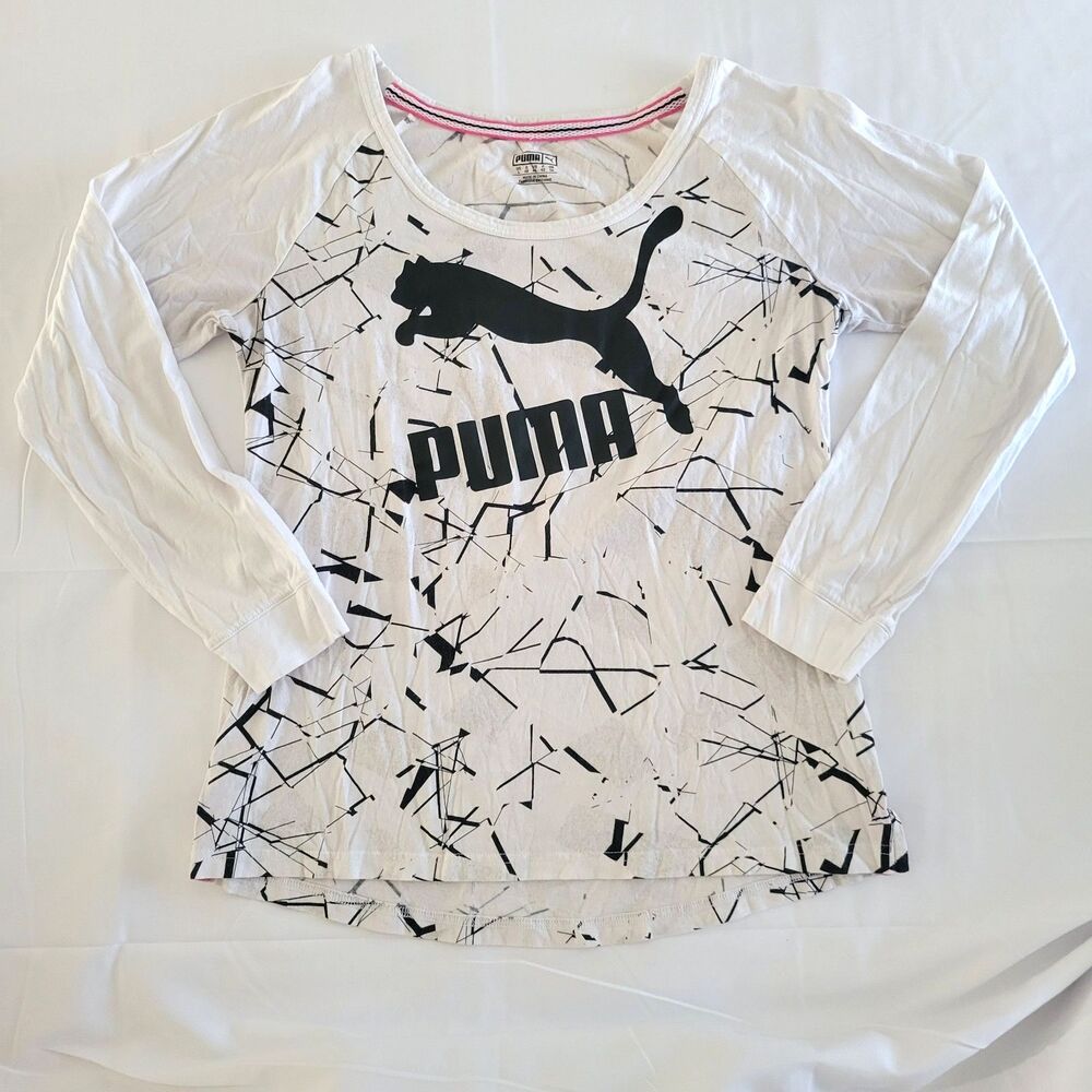Puma Women's Abstract Geometric Graphic Long Sleeve T-Shirt - White/Black L